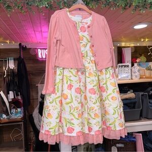 3 piece Tahari Pink and White Floral Easter Dress with Cardigan and tights